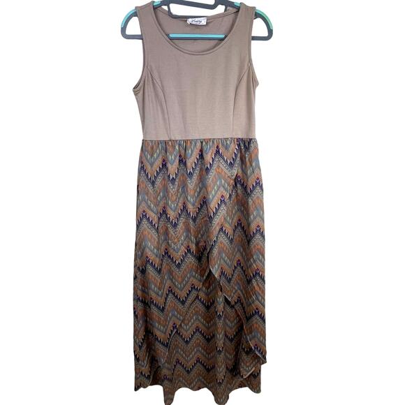 Women's Taupe and Purple Psychedelic Chevron Sleeveless Boho Dress - Picture 1 of 5